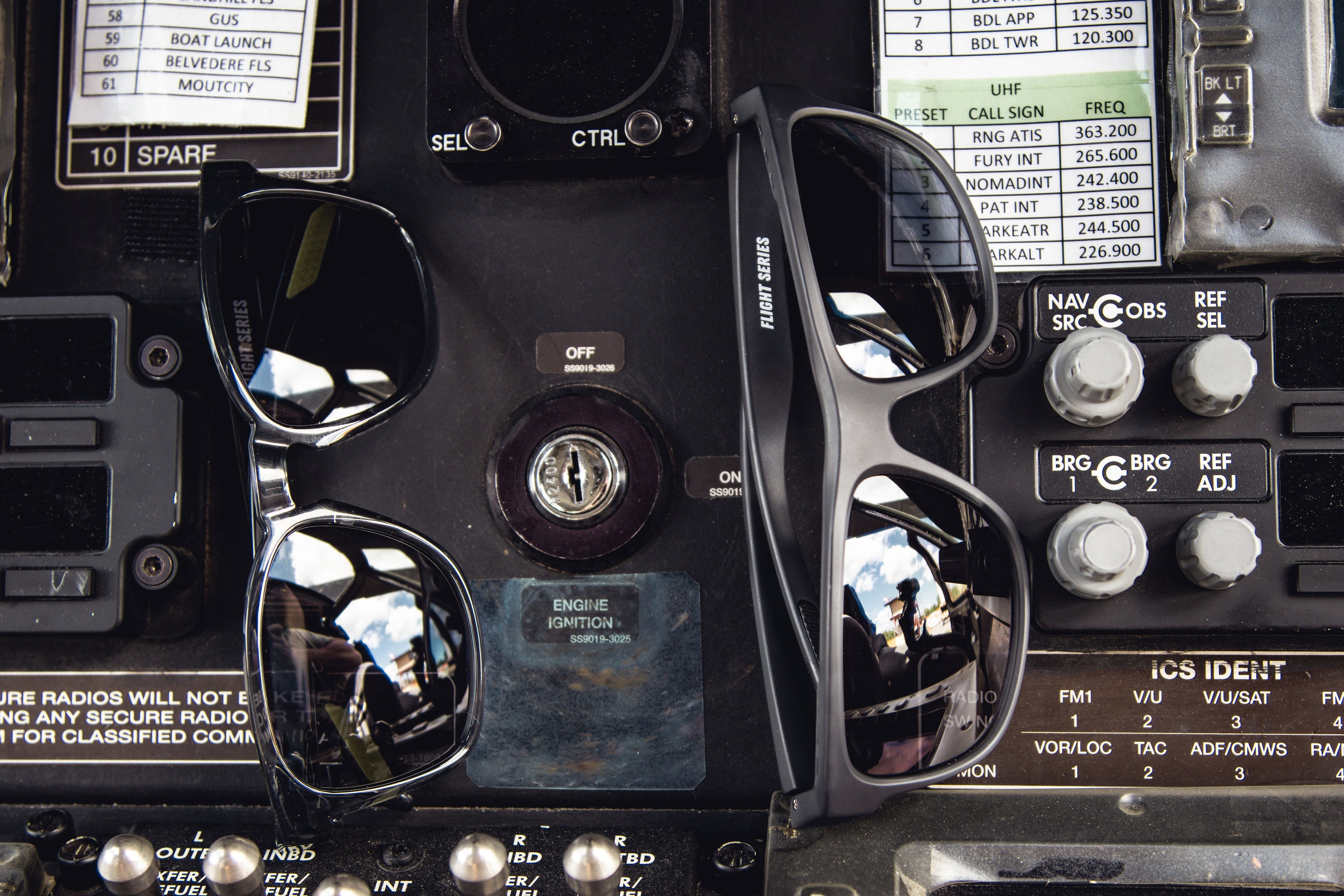 Sunglasses on a control panel with various buttons and displays
